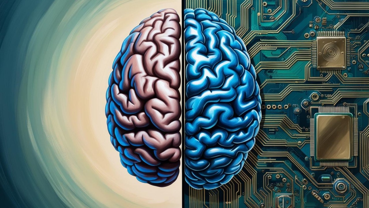 Left brain with gradiant background, and right brain with circuit background
