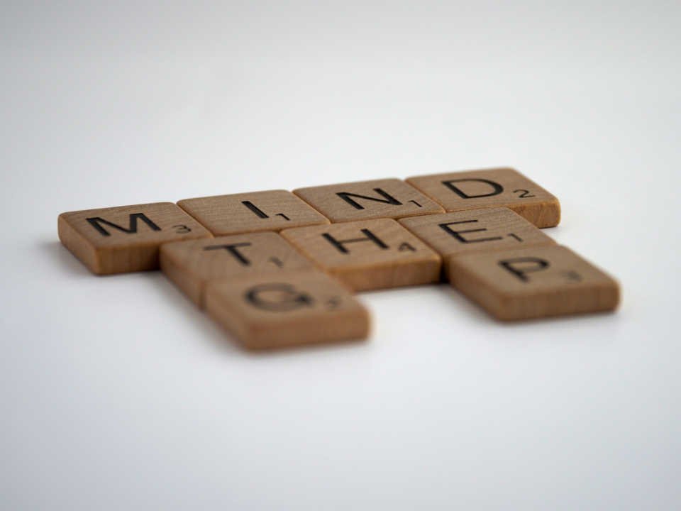 Wooden scrabble tiles arranged to spell out the phrase "MIND THE GAP" against a plain white background.